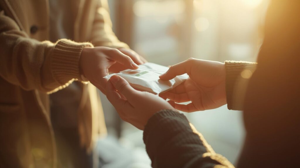 imagen que represente a una persona dandole un producto a otra persona